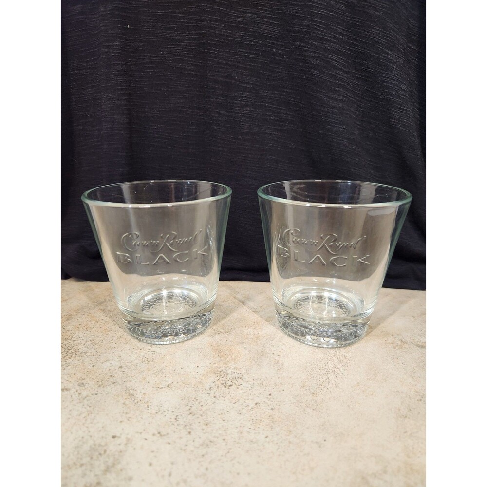 Crown Royal Black Whiskey Glasses Set of 2 Etched Lowball Rocks Tumbler